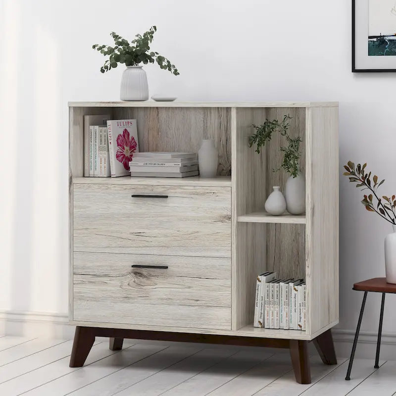 Meuble de rangement en similibois chêne avec tiroirs et étagères ouvertes