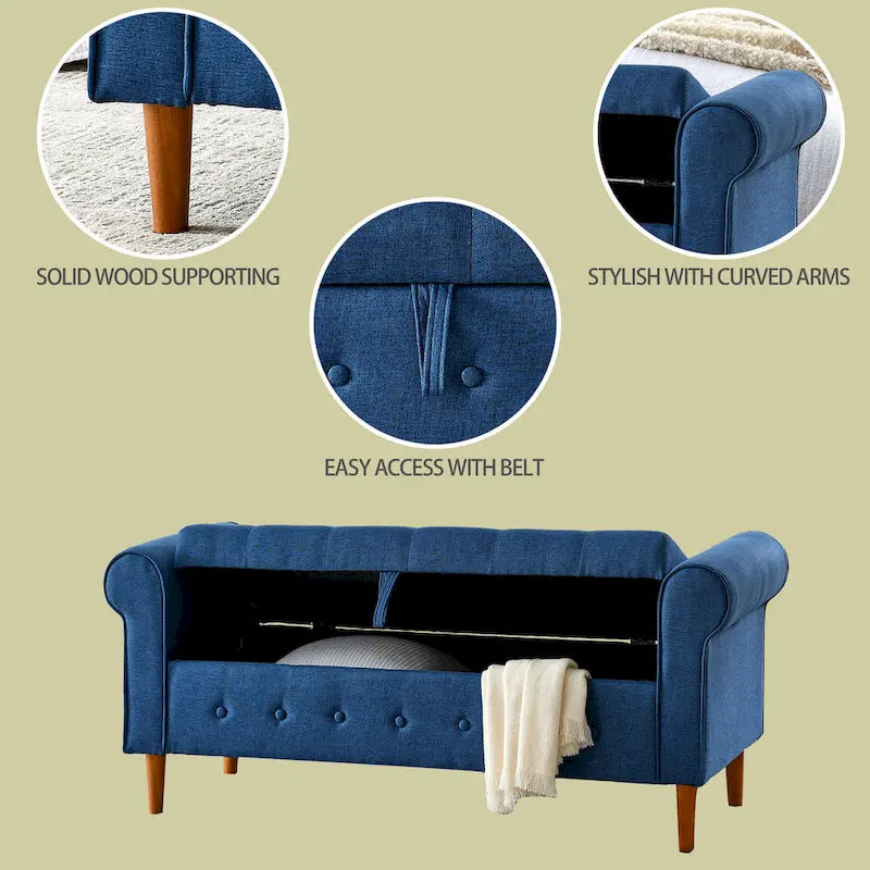 Banc de rangement capitonné en tissu bleu avec accoudoirs roulés et pieds en bois