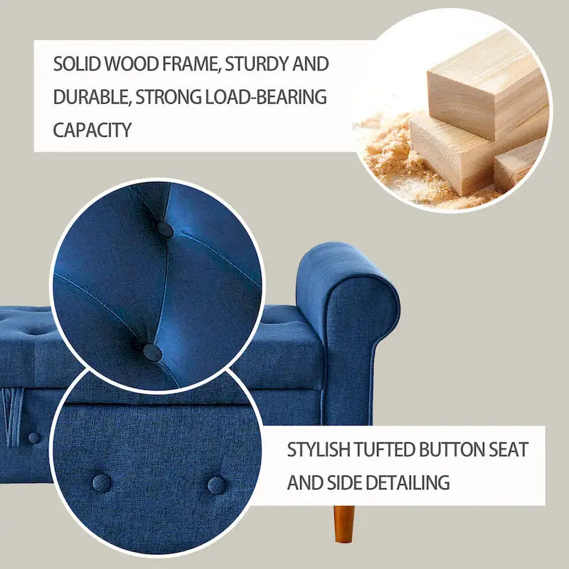 Banc de rangement capitonné en tissu bleu avec accoudoirs roulés et pieds en bois