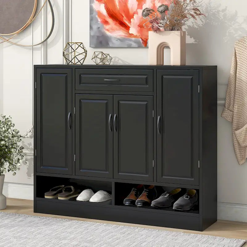Grand meuble à chaussures d'entrée avec portes, tiroir, étagères ouvertes, noir ou blanc