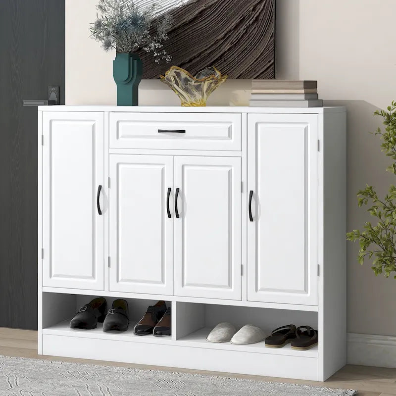 Grand meuble à chaussures d'entrée avec portes, tiroir, étagères ouvertes, noir ou blanc
