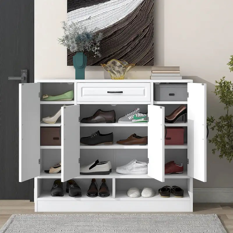 Grand meuble à chaussures d'entrée avec portes, tiroir, étagères ouvertes, noir ou blanc