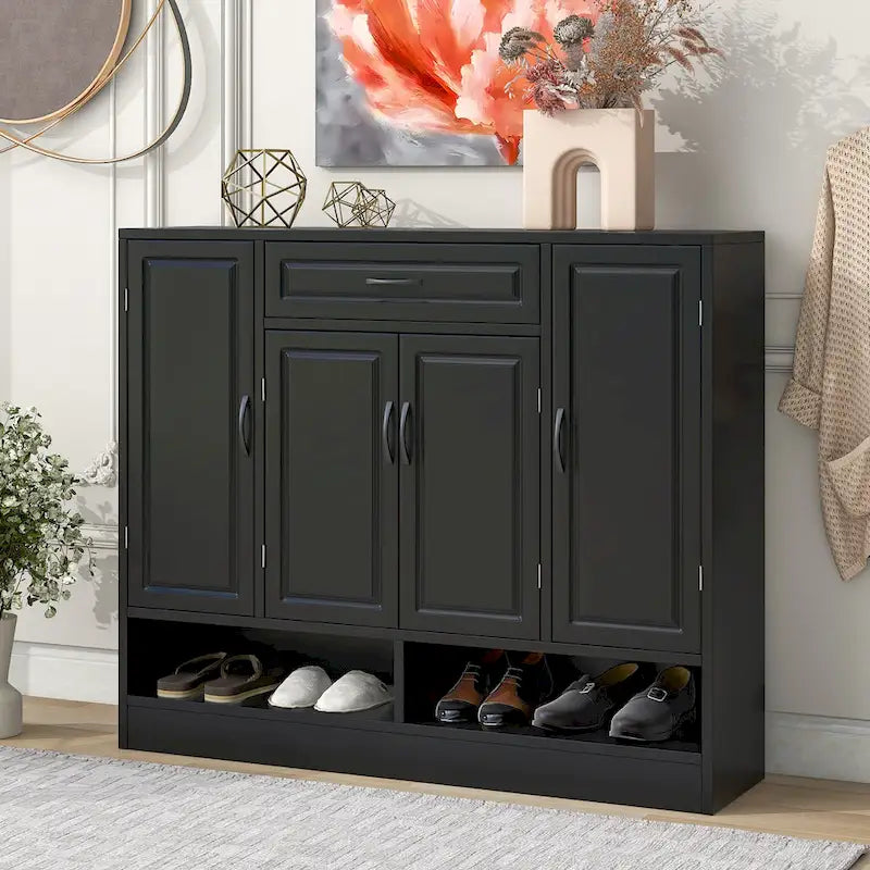 Grand meuble à chaussures d'entrée avec portes, tiroir, étagères ouvertes, noir ou blanc