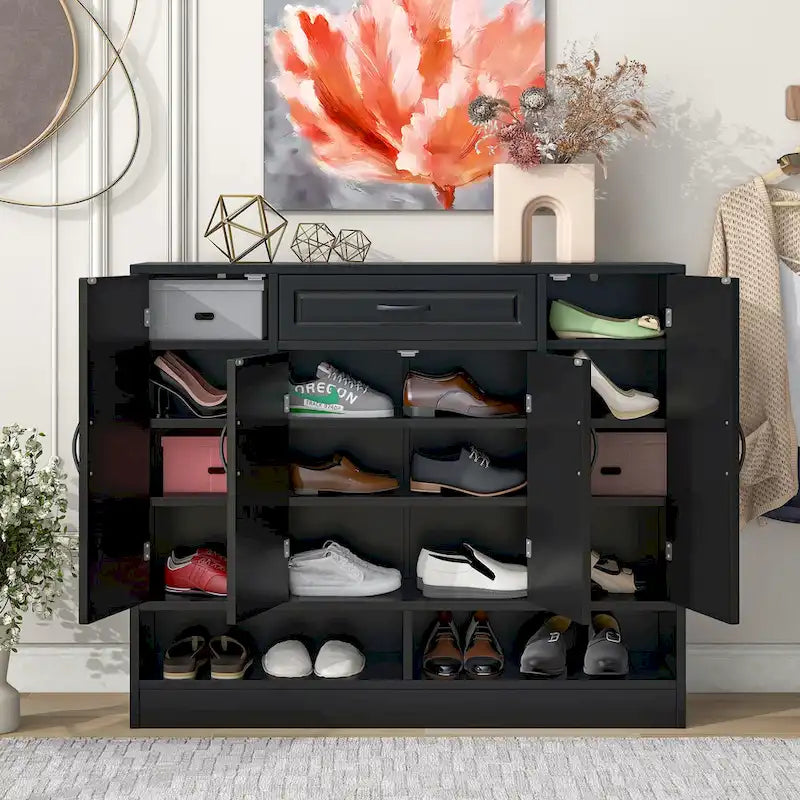 Grand meuble à chaussures d'entrée avec portes, tiroir, étagères ouvertes, noir ou blanc