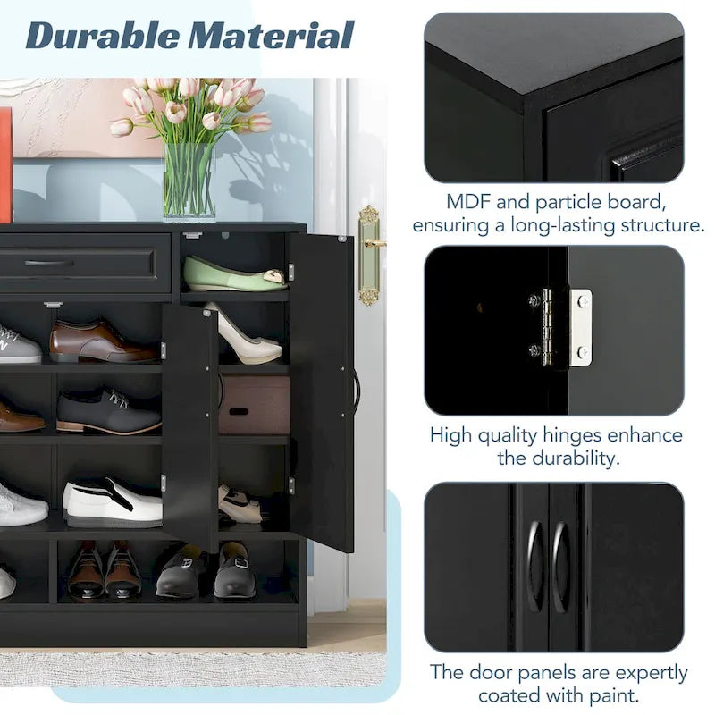 Grand meuble à chaussures d'entrée avec portes, tiroir, étagères ouvertes, noir ou blanc