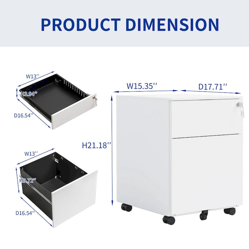 Caisson de classement mobile 2 tiroirs avec serrure, 5 roulettes, acier blanc