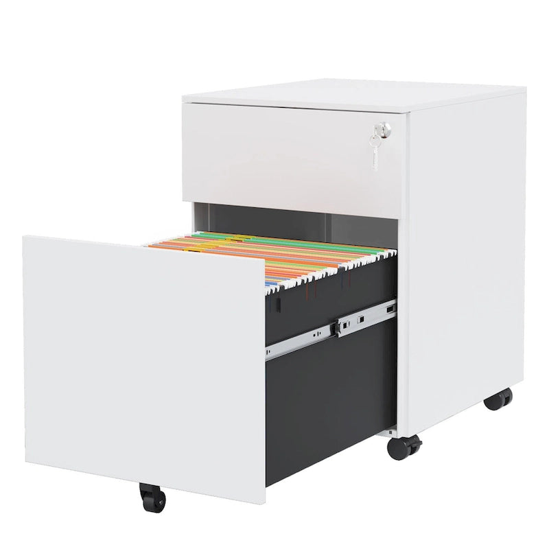 Caisson de classement mobile 2 tiroirs avec serrure, 5 roulettes, acier blanc