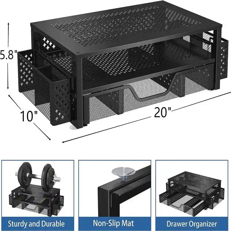Support d'écran double niveau en maille métallique avec tiroir et rangements latéraux, Noir