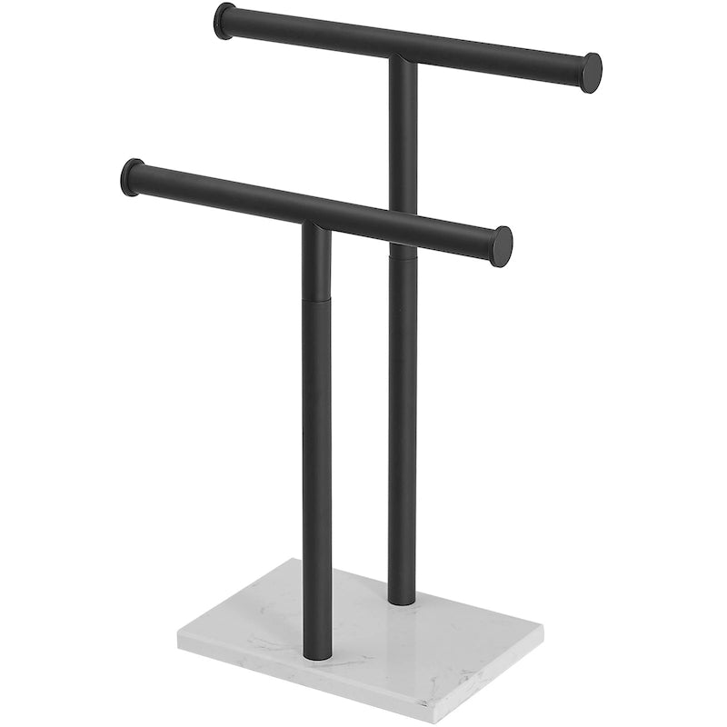 Présentoir comptoir double barre en T pour serviettes de toilette, autoportant avec base en marbre blanc