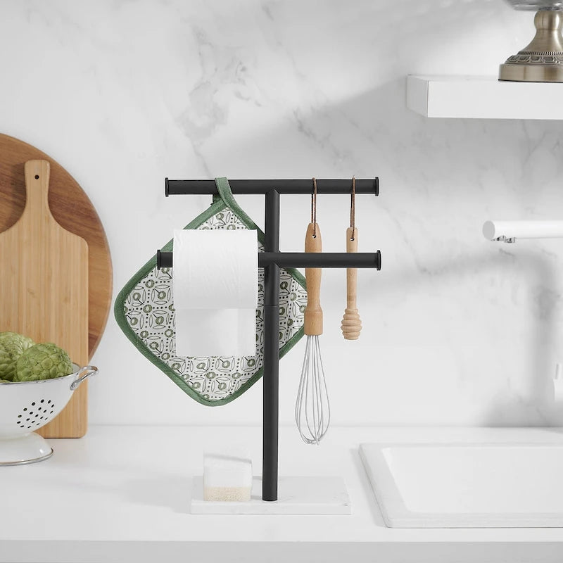 Présentoir comptoir double barre en T pour serviettes de toilette, autoportant avec base en marbre blanc