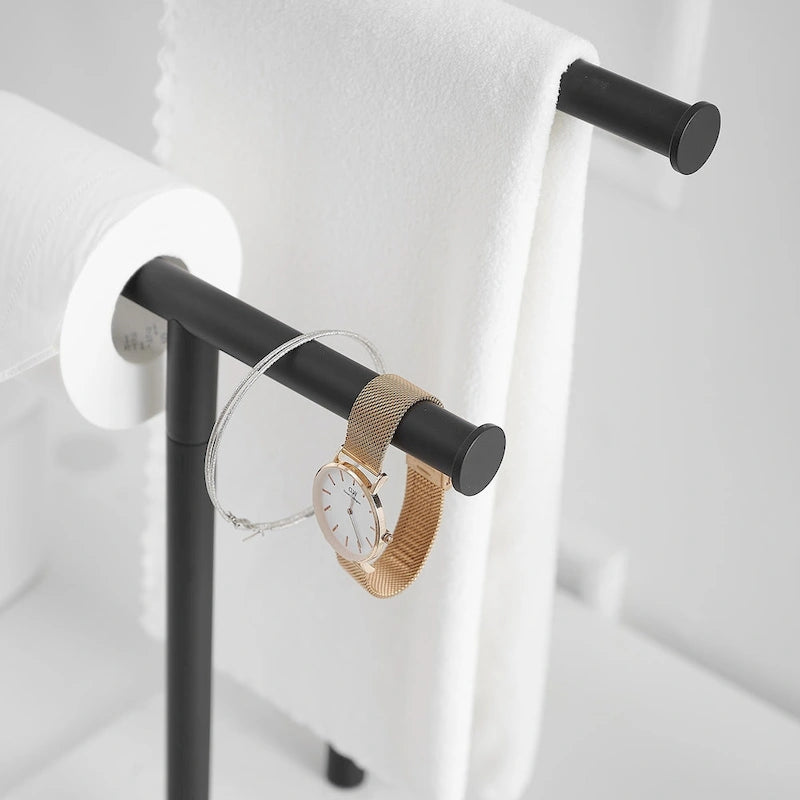 Présentoir comptoir double barre en T pour serviettes de toilette, autoportant avec base en marbre blanc
