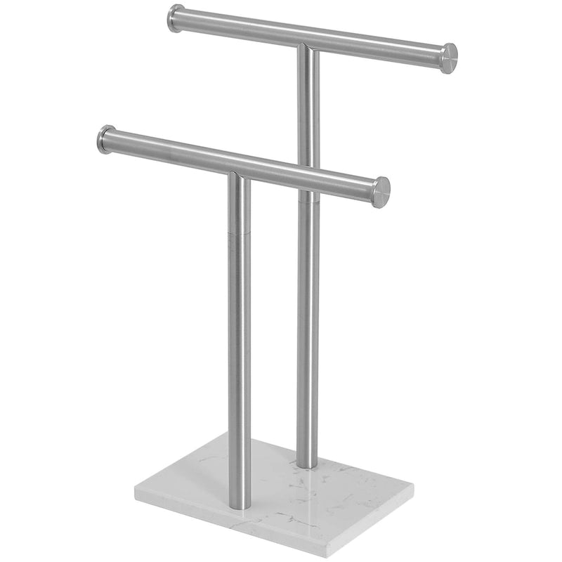 Présentoir comptoir double barre en T pour serviettes de toilette, autoportant avec base en marbre blanc