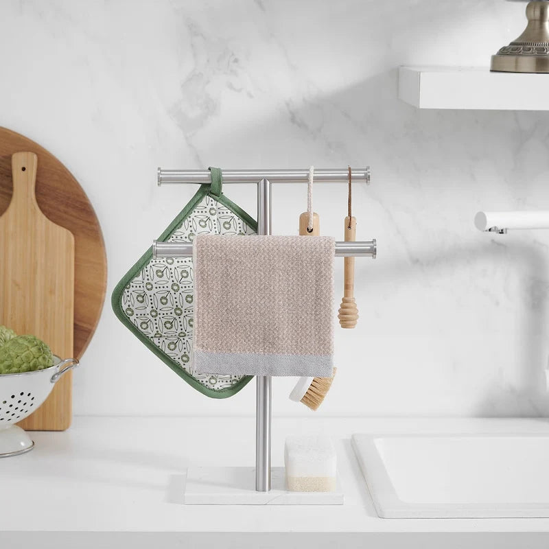 Présentoir comptoir double barre en T pour serviettes de toilette, autoportant avec base en marbre blanc