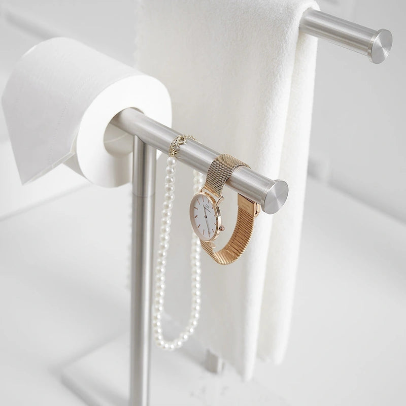 Présentoir comptoir double barre en T pour serviettes de toilette, autoportant avec base en marbre blanc
