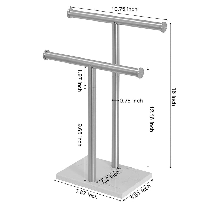 Présentoir comptoir double barre en T pour serviettes de toilette, autoportant avec base en marbre blanc
