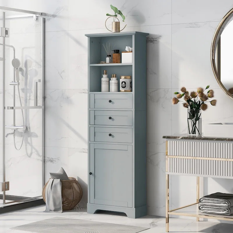 Tall Storage Cabinet with 3 Drawers, Open Shelves and Enclosed Door, Gray & White