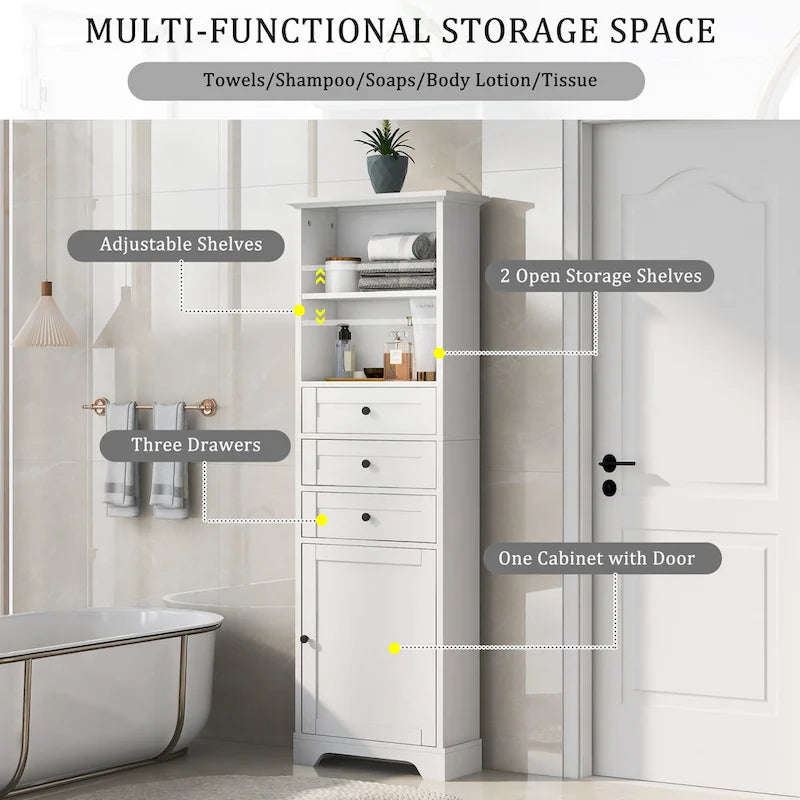Tall Storage Cabinet with 3 Drawers, Open Shelves and Enclosed Door, Gray & White