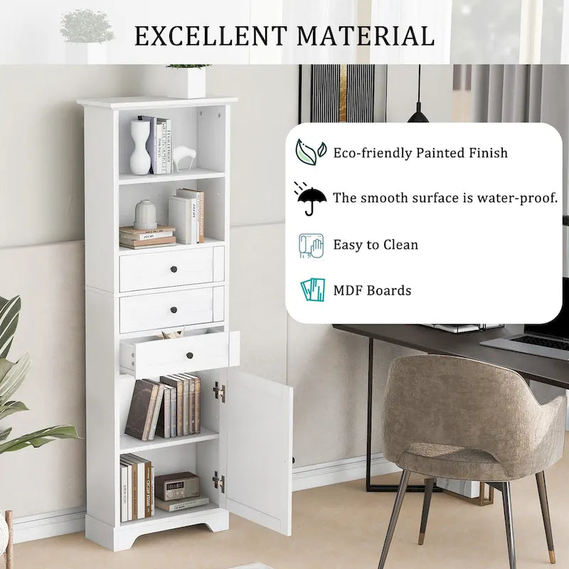 Tall Storage Cabinet with 3 Drawers, Open Shelves and Enclosed Door, Gray & White