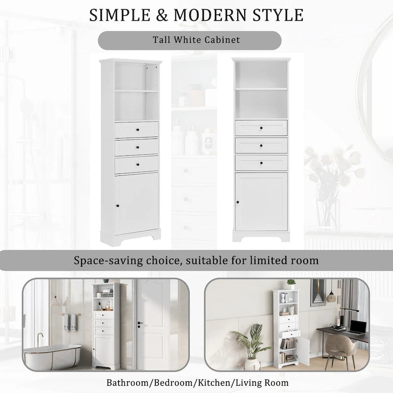 Tall Storage Cabinet with 3 Drawers, Open Shelves and Enclosed Door, Gray & White