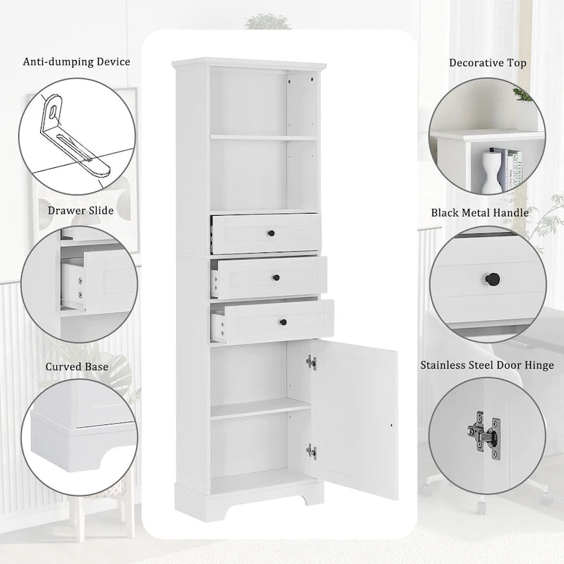Tall Storage Cabinet with 3 Drawers, Open Shelves and Enclosed Door, Gray & White