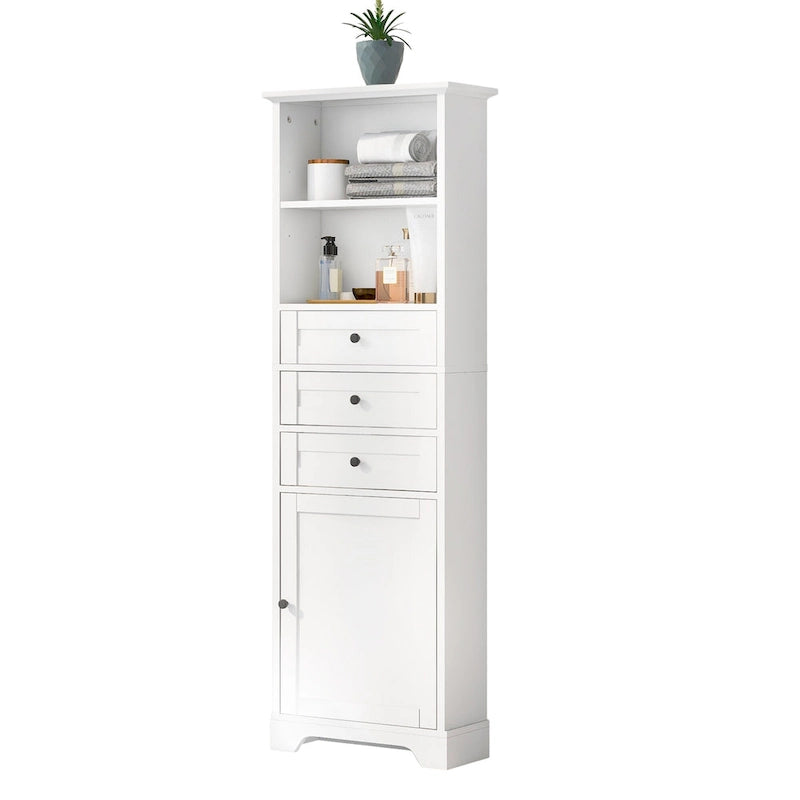 Tall Storage Cabinet with 3 Drawers, Open Shelves and Enclosed Door, Gray & White