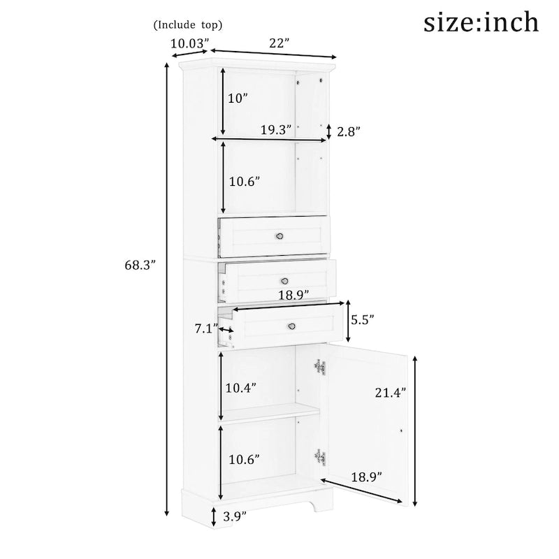 Tall Storage Cabinet with 3 Drawers, Open Shelves and Enclosed Door, Gray & White