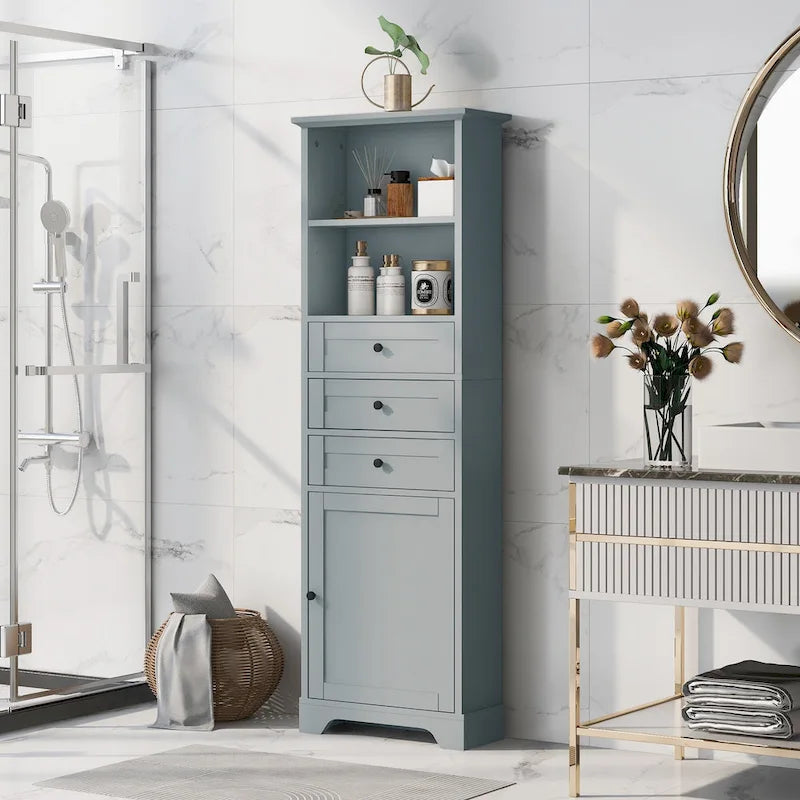 Tall Storage Cabinet with 3 Drawers, Open Shelves and Enclosed Door, Gray & White