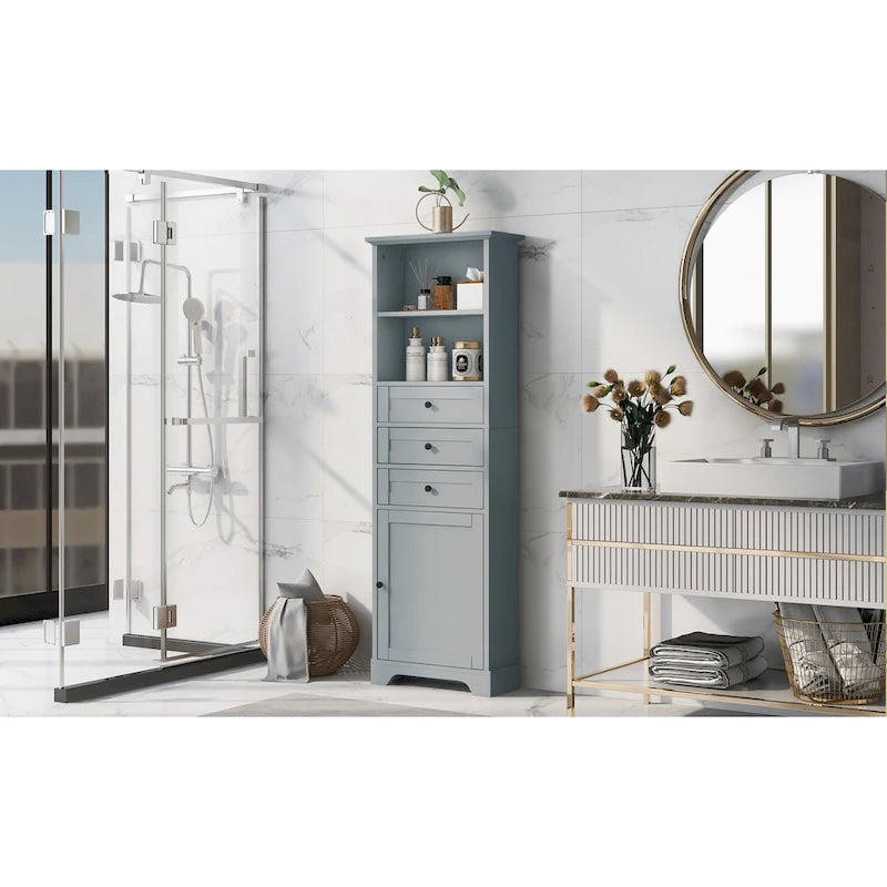 Tall Storage Cabinet with 3 Drawers, Open Shelves and Enclosed Door, Gray & White