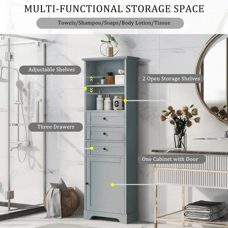 Tall Storage Cabinet with 3 Drawers, Open Shelves and Enclosed Door, Gray & White