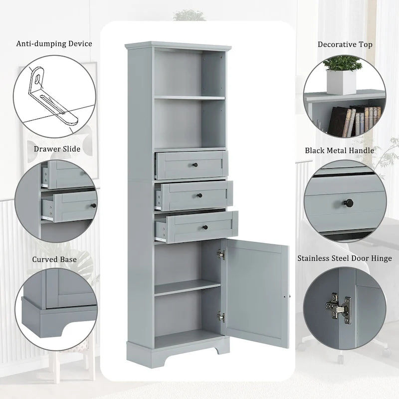 Tall Storage Cabinet with 3 Drawers, Open Shelves and Enclosed Door, Gray & White