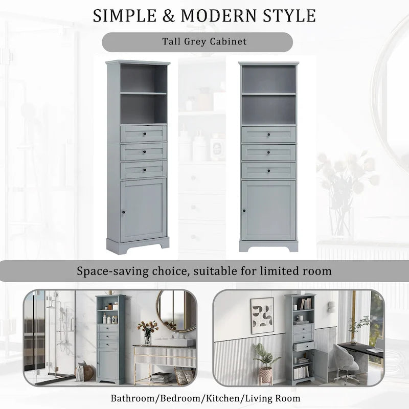 Tall Storage Cabinet with 3 Drawers, Open Shelves and Enclosed Door, Gray & White
