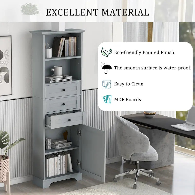 Tall Storage Cabinet with 3 Drawers, Open Shelves and Enclosed Door, Gray & White