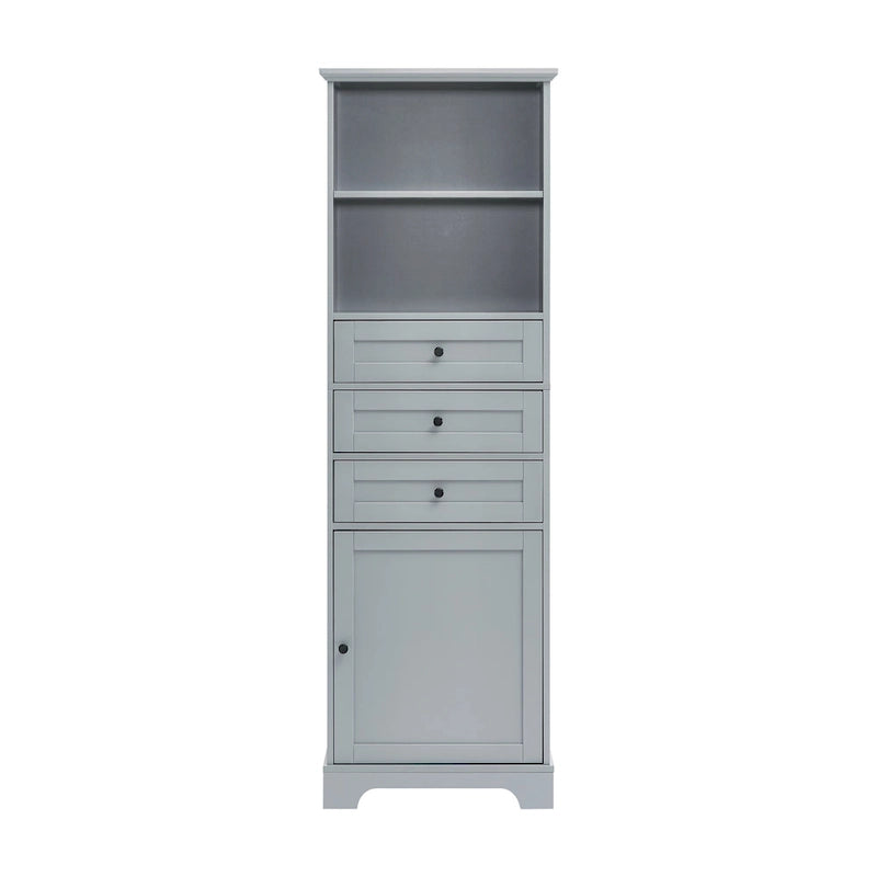 Tall Storage Cabinet with 3 Drawers, Open Shelves and Enclosed Door, Gray & White