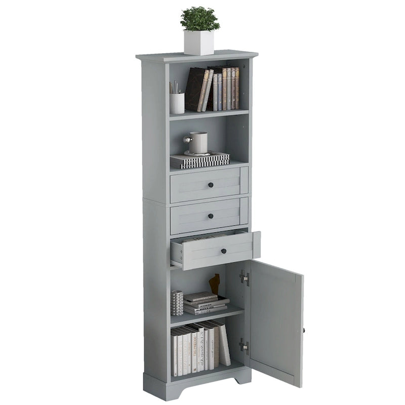 Tall Storage Cabinet with 3 Drawers, Open Shelves and Enclosed Door, Gray & White