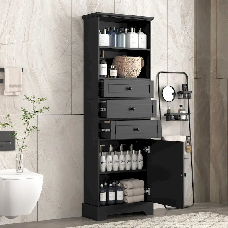 Tall Storage Cabinet with 3 Drawers, Open Shelves and Enclosed Door, Gray & White