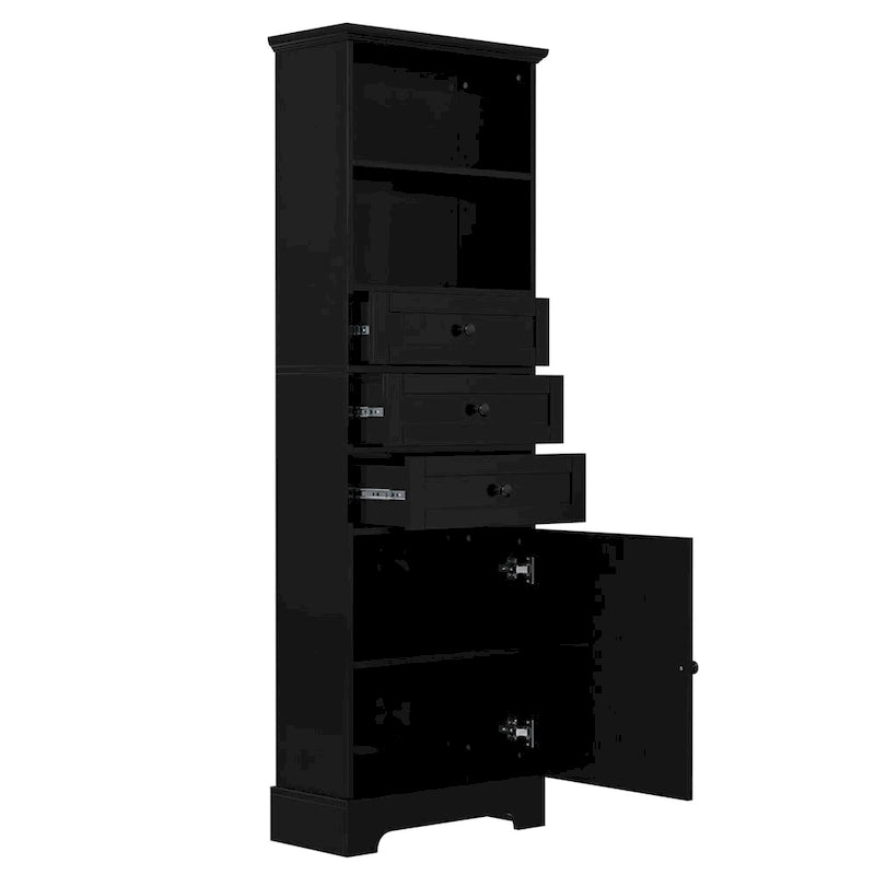 Tall Storage Cabinet with 3 Drawers, Open Shelves and Enclosed Door, Gray & White