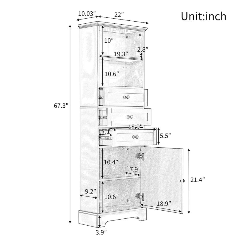 Tall Storage Cabinet with 3 Drawers, Open Shelves and Enclosed Door, Gray & White
