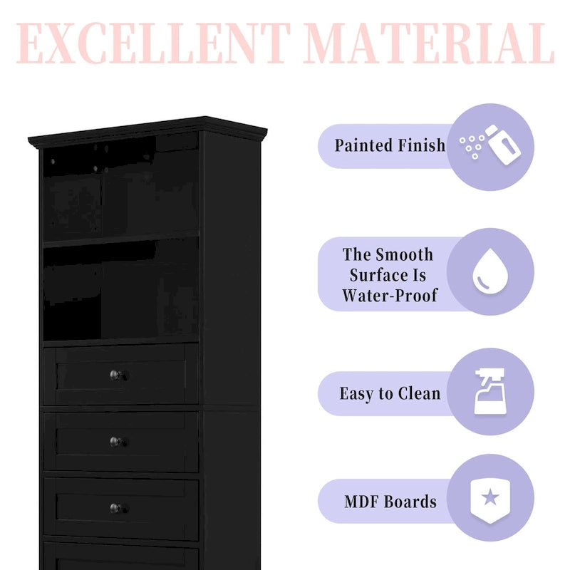 Tall Storage Cabinet with 3 Drawers, Open Shelves and Enclosed Door, Gray & White