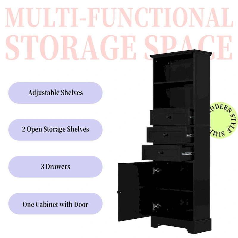 Tall Storage Cabinet with 3 Drawers, Open Shelves and Enclosed Door, Gray & White
