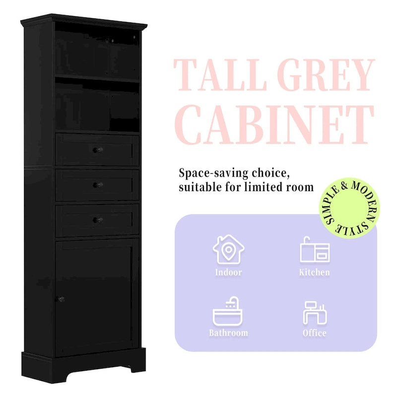Tall Storage Cabinet with 3 Drawers, Open Shelves and Enclosed Door, Gray & White