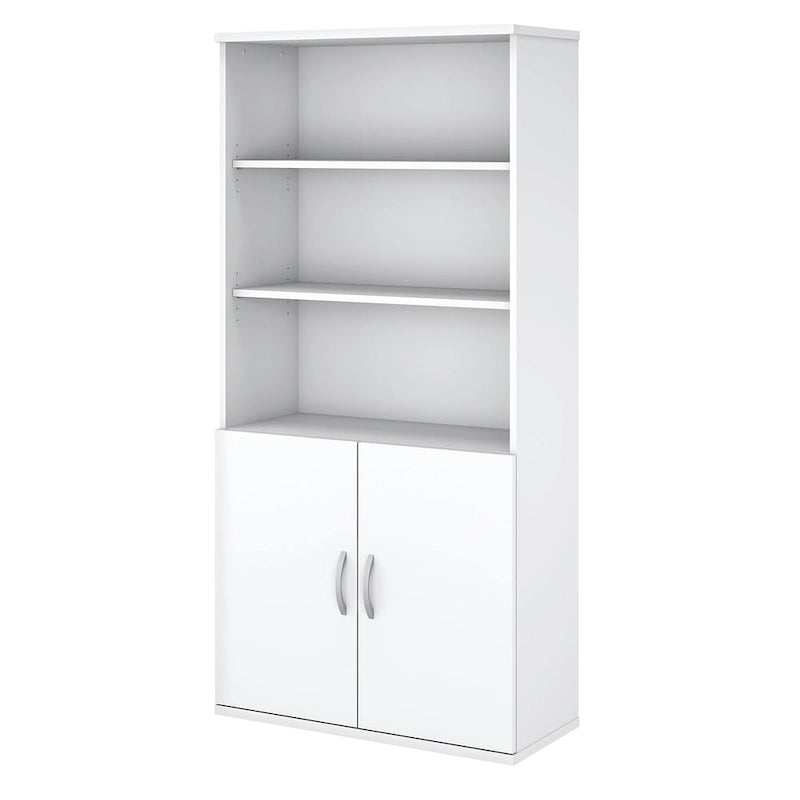 5-Shelf Bookcase with Cabinet Doors and Adjustable Shelves, Pure White Finish
