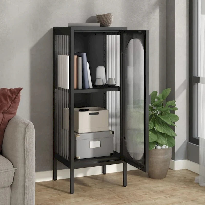 Meuble de rangement en acier et verre cannelé noir avec porte arquée et étagère réglable