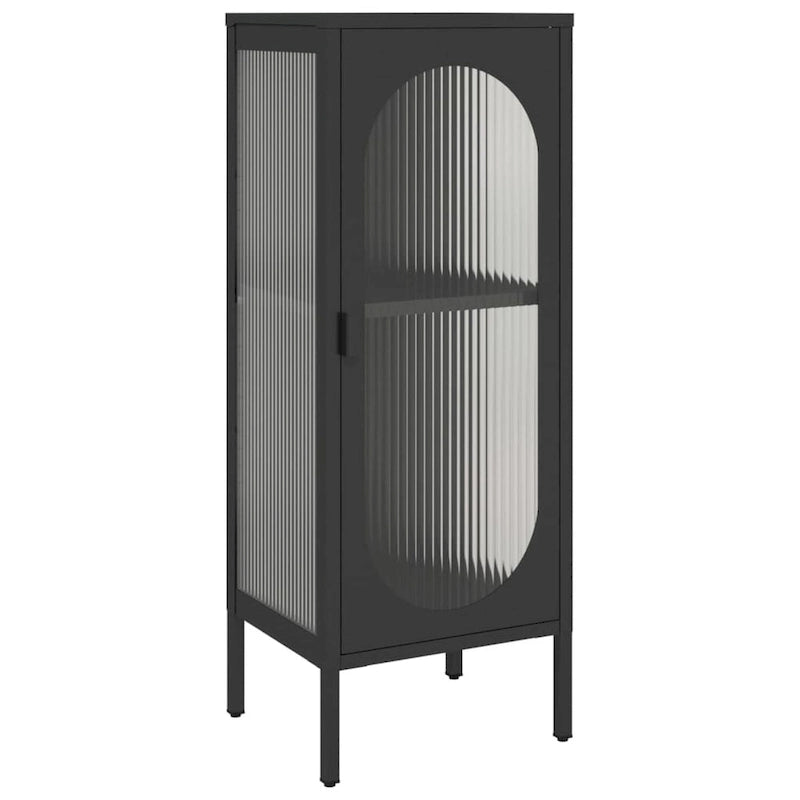 Meuble de rangement en acier et verre cannelé noir avec porte arquée et étagère réglable