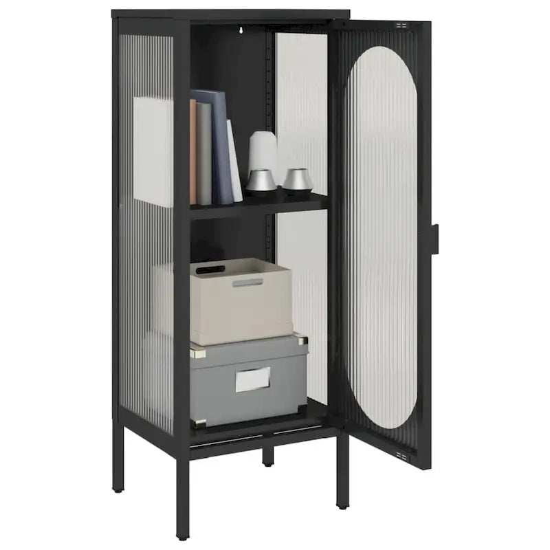 Meuble de rangement en acier et verre cannelé noir avec porte arquée et étagère réglable