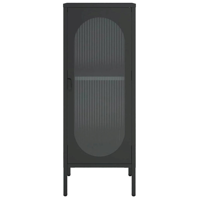 Meuble de rangement en acier et verre cannelé noir avec porte arquée et étagère réglable