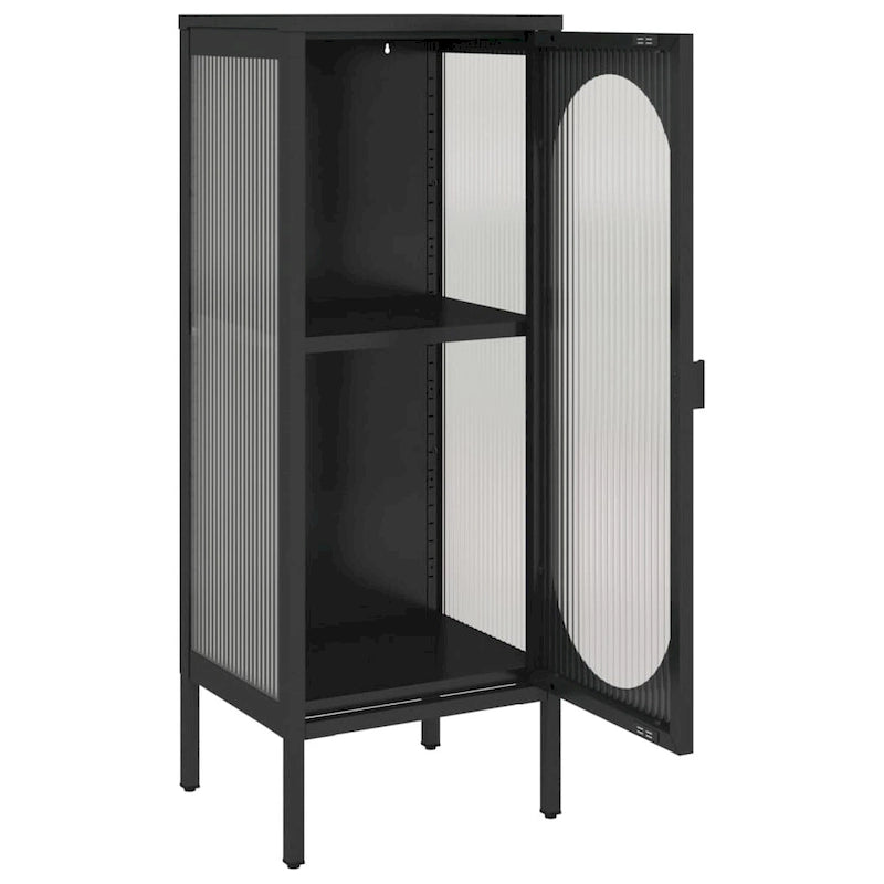 Meuble de rangement en acier et verre cannelé noir avec porte arquée et étagère réglable