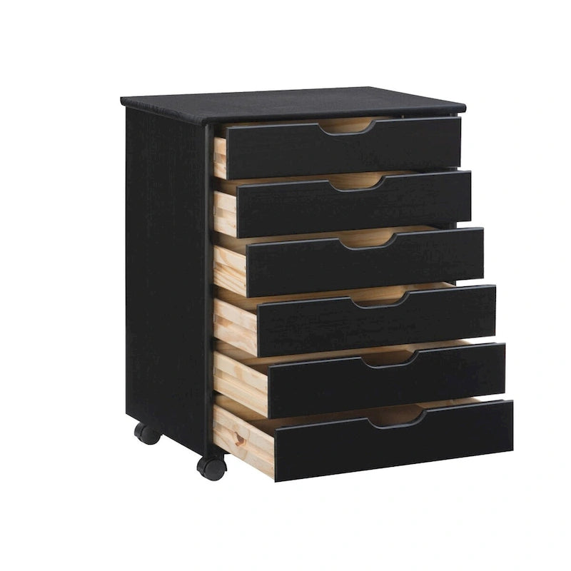 Meuble de rangement roulant en bois noir à 6 tiroirs larges avec roulettes