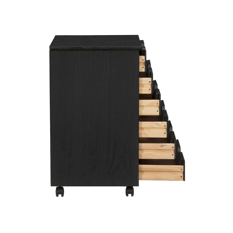 Meuble de rangement roulant en bois noir à 6 tiroirs larges avec roulettes