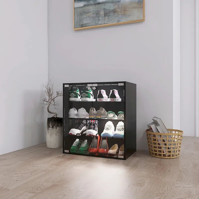 Meuble de présentation pour chaussures noir avec porte en verre et éclairage LED contrôlable via Bluetooth, style moderne