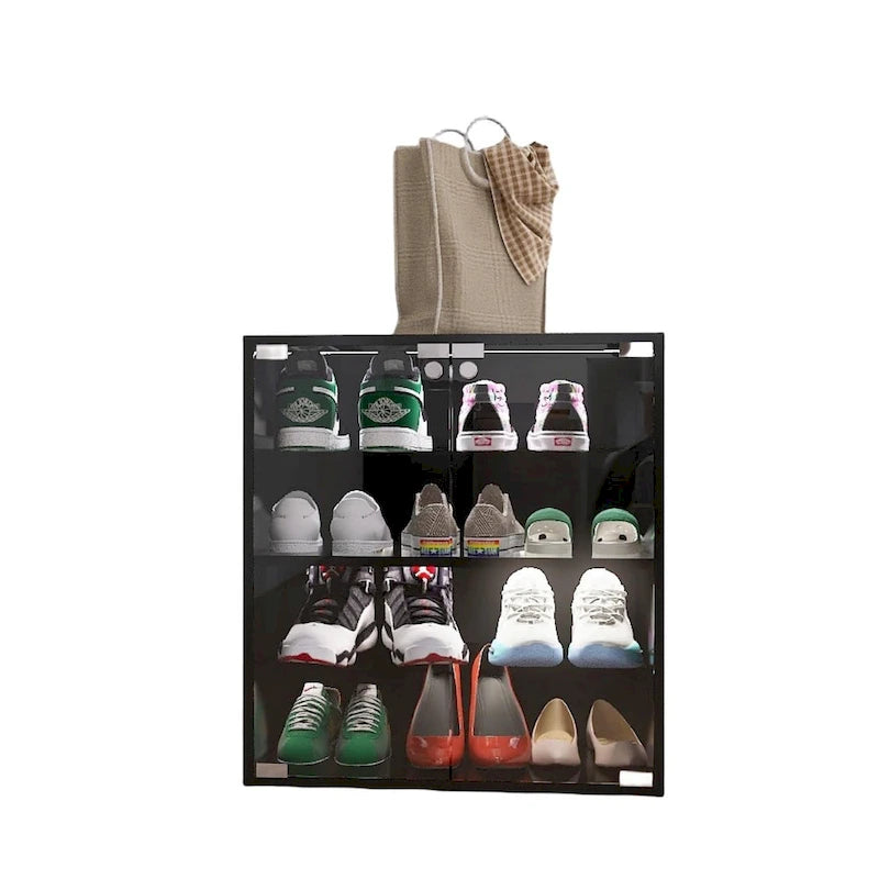 Meuble de présentation pour chaussures noir avec porte en verre et éclairage LED contrôlable via Bluetooth, style moderne